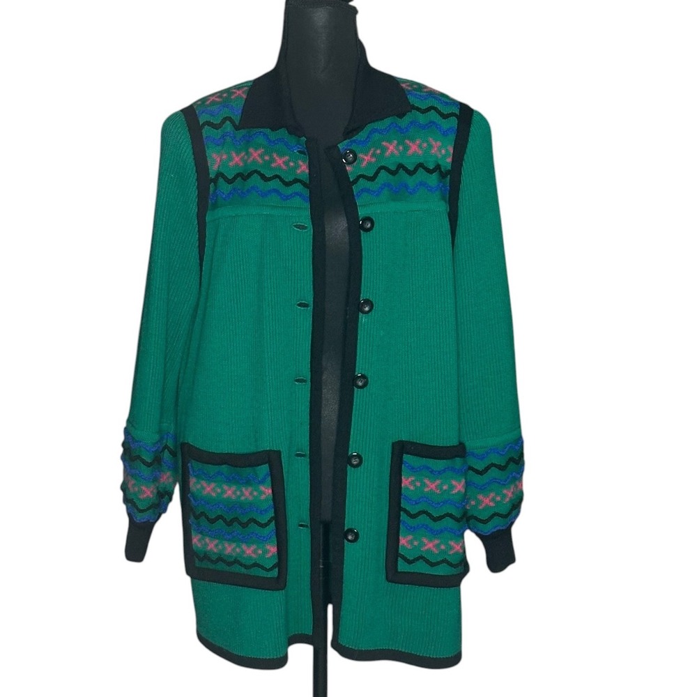 Yves Saint Laurent Vintage Green Wool Blend Geometric Cardigan Sweater